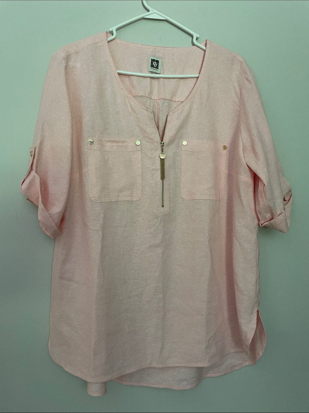 Anne Klein Pale Pink V-Neck Tunic with Front Tassel Zipper